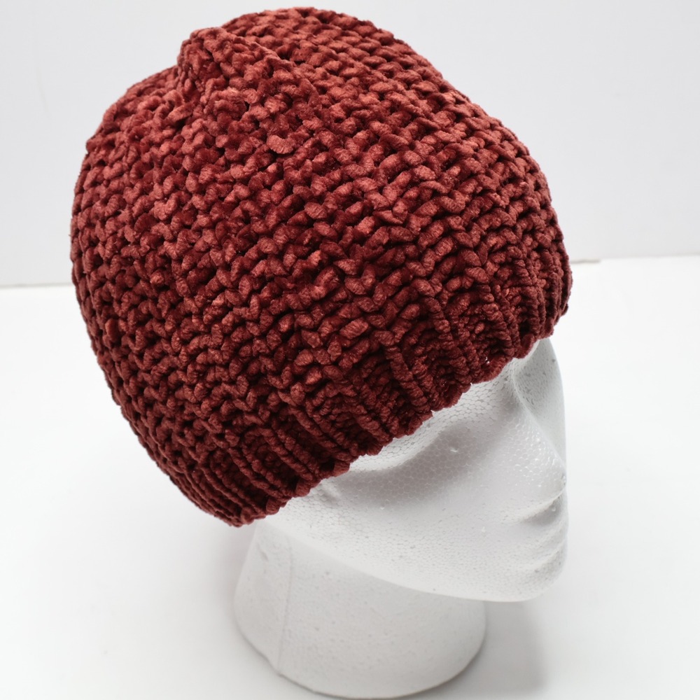 Rag Poets Chenille Knit Beanie Hat Rust Red Cozy Winter Warm Slouchy Boho Grunge
